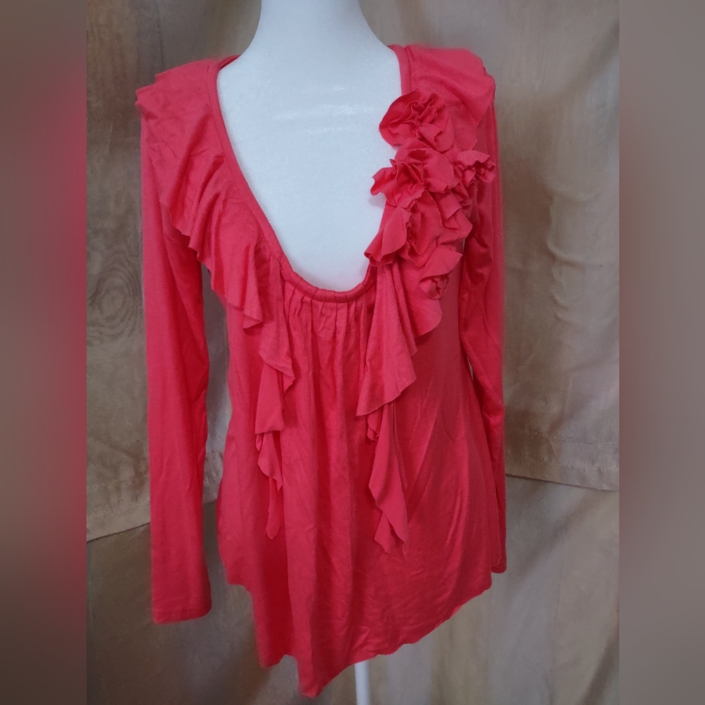 NWOT Sundance coral ruffle v-neck cotton top Size Medium.